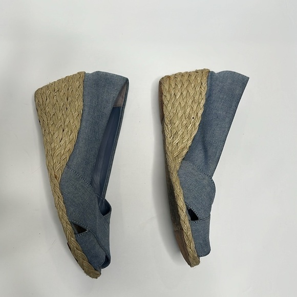 Lauren Ralph Lauren Canvas Chambray Blue Espadrilles Peep Toe Cecilia Wedges 9 - Picture 8 of 10